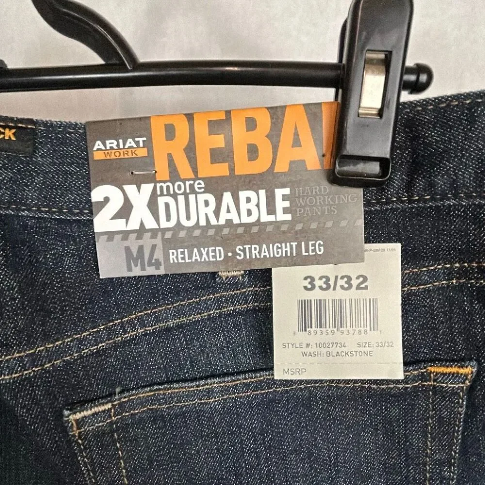 NEW Ariat M4 Rebar Denim Jeans Relaxed Straight Leg Mens Sz 33x32 Dura Stretch
